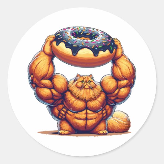 Sticker Rond Chat Musclélevant un Beignet (Devant)