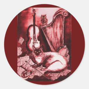 Sticker Rond CHAT MUSICAL AVEC OWL, Rouge, Blanc