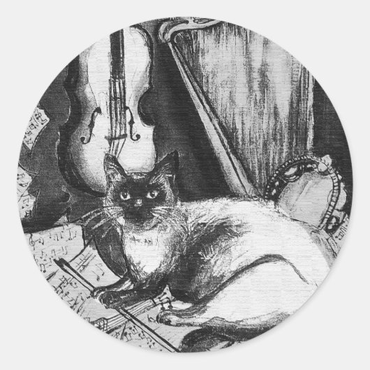 Sticker Rond CHAT MUSICAL, OWL, VIOLIN, HARP Black White Grey M (Devant)