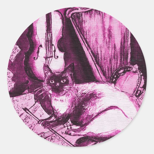 Sticker Rond CHAT MUSICALE, rose violet Fuchsia et blanc (Devant)