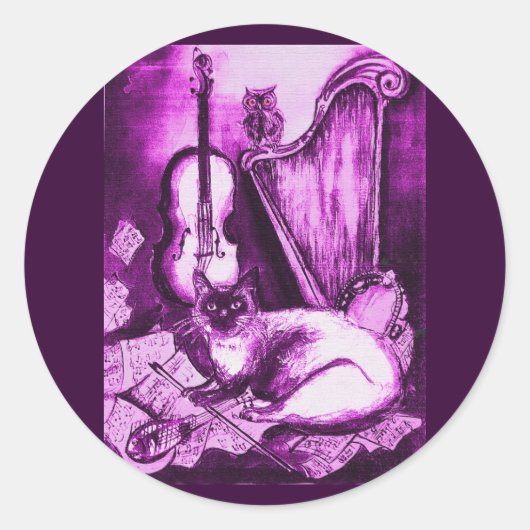 Sticker Rond CHAT MUSICALE, Violet rose et blanc (Devant)