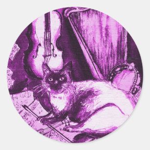 Sticker Rond CHAT MUSICALE, Violet rose et blanc