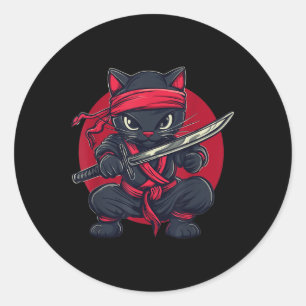 Sticker Rond Chat Ninja Samurai Japon Drapeau japonais Kawaii F