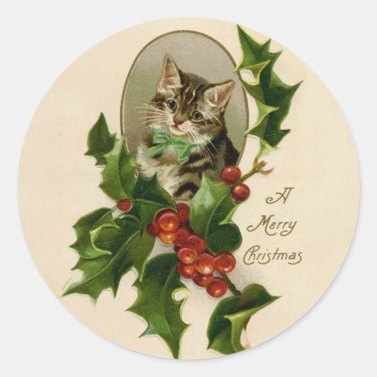 Sticker Rond Chat Noël Joyau Holly Kitten Art antique (Devant)