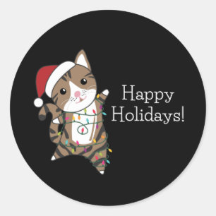 Sticker Rond Chat Noël Neige Hiver Animaux Chats