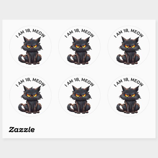 Sticker Rond Chat noir 18e anniversaire Blanc (Feuille)