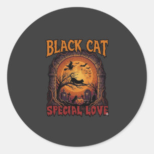 Sticker Rond Chat Noir Amour Spécial Halloween Lune Sorcière Ci