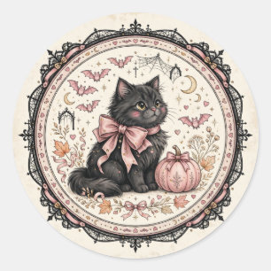 Sticker Rond Chat Noir Arc en Rose Halloween Gothique Citrouill