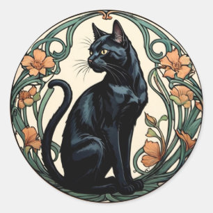 Sticker Rond Chat noir Art Nouveau