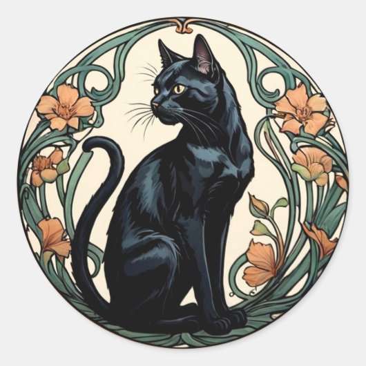 Sticker Rond Chat noir Art Nouveau (Devant)