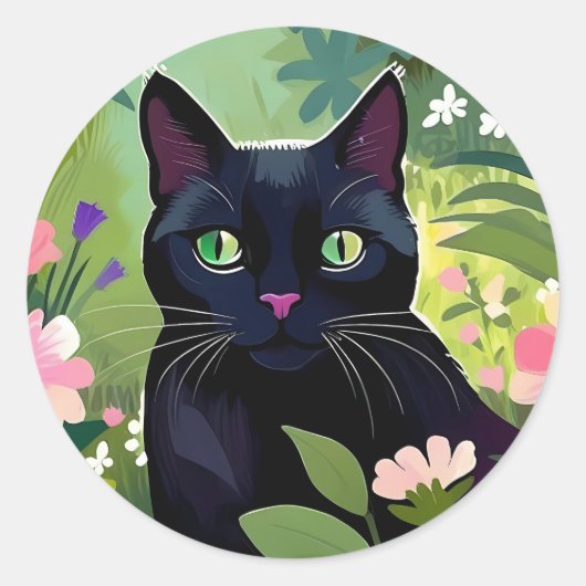 Sticker Rond Chat noir assis dans un champ de fleurs (Devant)
