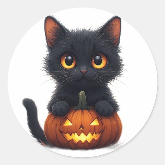 Sticker Rond Chat Noir Assis sur une Citrouille (Devant)