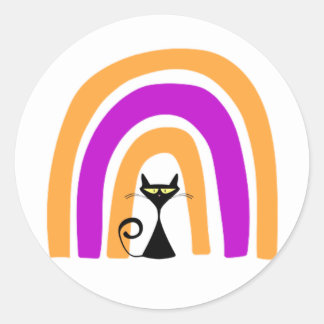 Sticker Rond Chat noir avec arc-en-ciel de couleur Halloween