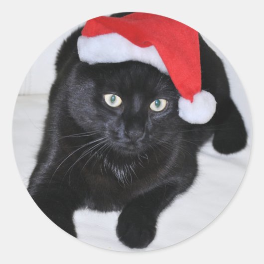 Sticker Rond Chat noir avec chapeau de Père Noël Rouge (Devant)