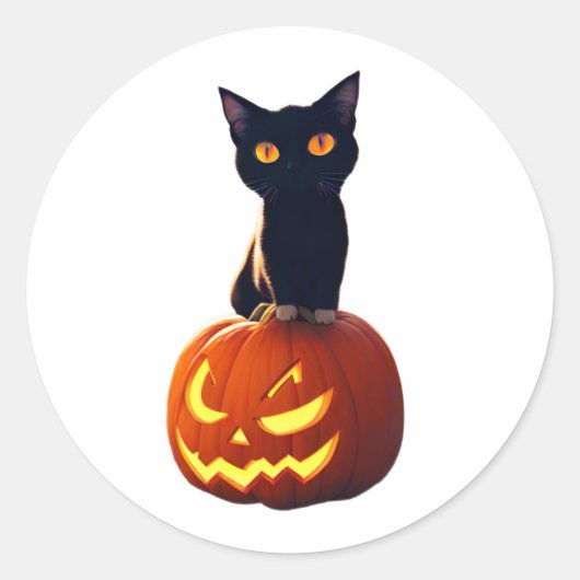 Sticker Rond Chat noir avec Citrouille Cute Kawaii Animaux Anim (Devant)