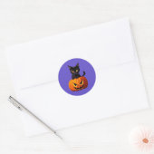 Sticker Rond Chat noir avec Citrouille Cute Kawaii Animaux Anim (Enveloppe)