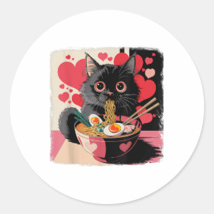 Sticker Rond Chat Noir Avec Coeur Manger Des Nouilles De Ramen 