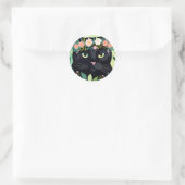 Sticker Rond Chat noir avec couronne florale (Sac)