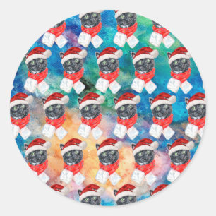 Sticker Rond Chat noir avec écharpe rouge drôle de Noël