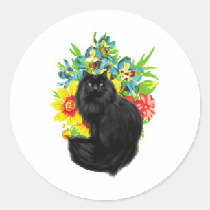 Sticker Rond chat noir avec fleur