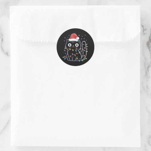 Sticker Rond Chat noir chat Père Noël lumières de Noël Meow Kit (Sac)
