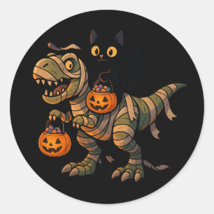 Sticker Rond Chat noir chevauchant un T-Rex momie – Dino Hallow