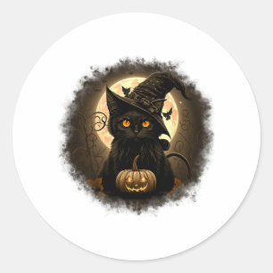 Sticker Rond Chat noir Citrouille Lune Éffrayante Halloween Wom