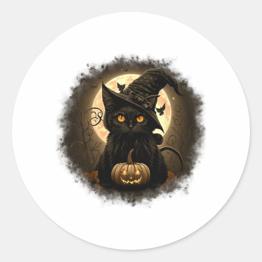 Sticker Rond Chat noir Citrouille Lune Éffrayante Halloween Wom (Devant)