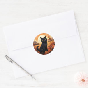 Sticker Rond Chat noir, Citrouilles et chauves-souris