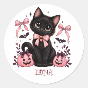 Sticker Rond Chat noir coquette, Halloween pour chat