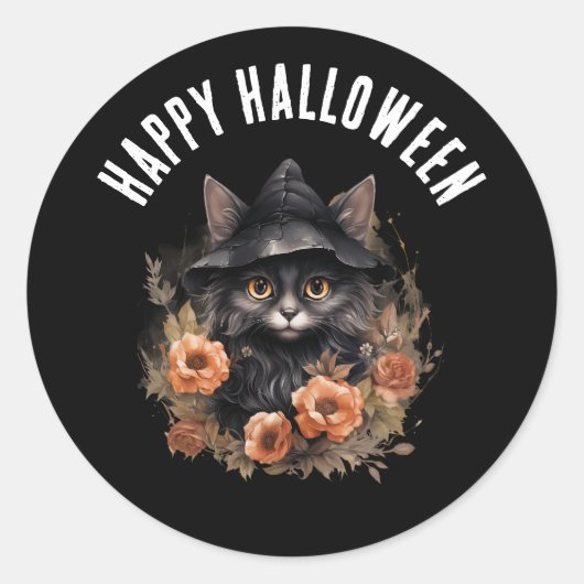 Sticker Rond Chat noir dans l'Halloween Casquette d'une sorcièr (Devant)