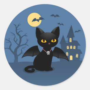 Sticker Rond Chat noir de Halloween vampire avec des ailes