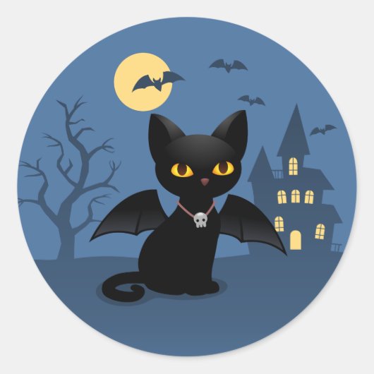 Sticker Rond Chat noir de Halloween vampire avec des ailes (Devant)