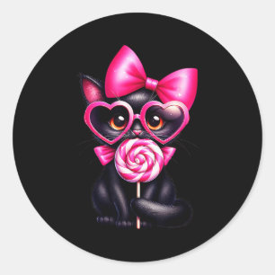 Sticker Rond Chat noir de la Saint-Valentin avec un cœur Sungle