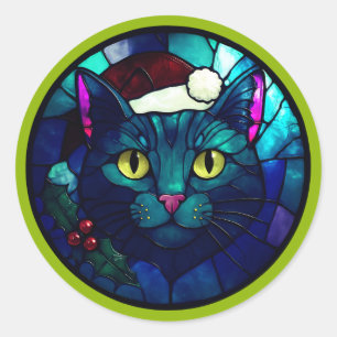 Sticker Rond Chat noir de Noël au chapeau rouge en vitrail