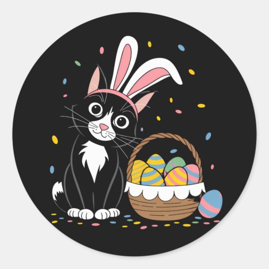 Sticker Rond Chat noir de Pâques Tuxedo Lapin Lapin Oreilles OE (Devant)