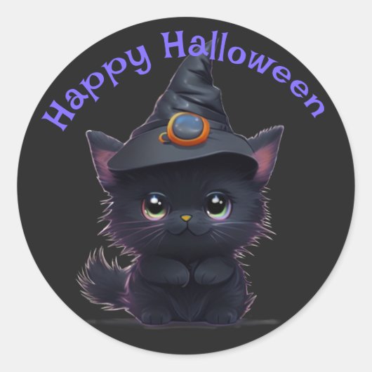 Sticker Rond Chat noir d'Halloween blanc mignon (Devant)