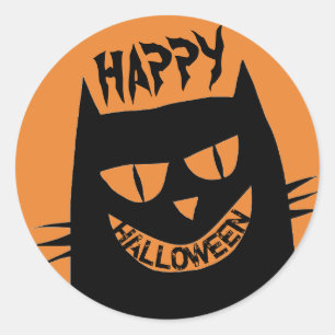 Sticker Rond Chat noir d'Halloween déplaisant sur Orange