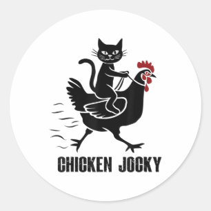 Sticker Rond Chat Noir Drôle Jockey De Poulet