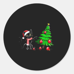 Sticker Rond Chat noir drôle poussant l'arbre de Noël Chat Wh