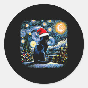 Sticker Rond Chat Noir Drôle Santa Hat Nuit de Noël Joyeux Ch