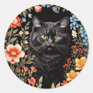 Sticker Rond Chat Noir Élégant Floral Coloré