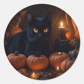 Sticker Rond Chat noir et amoureux citrouille d'Halloween