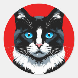 Sticker Rond Chat noir et blanc aux yeux bleus vifs