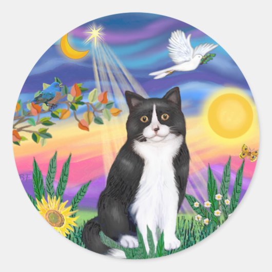 Sticker Rond Chat noir et blanc - Crépuscule (Devant)