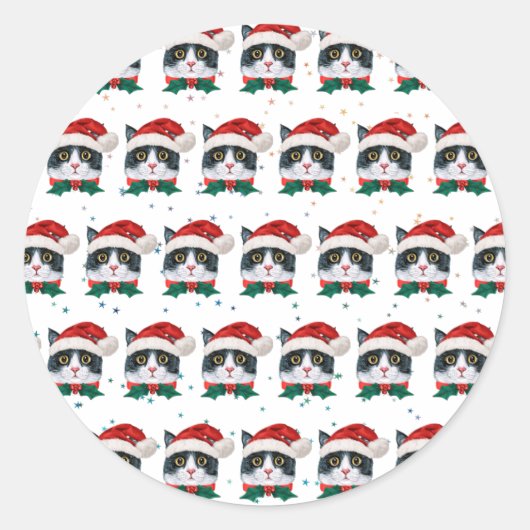 Sticker Rond Chat noir et blanc mignon avec chapeau de Noël (Devant)