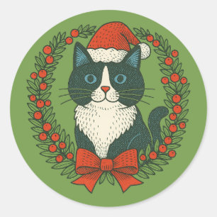 Sticker Rond Chat noir et blanc, Noël Père Noël
