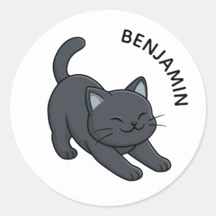 Sticker Rond Chat noir étiré nom personnalisé