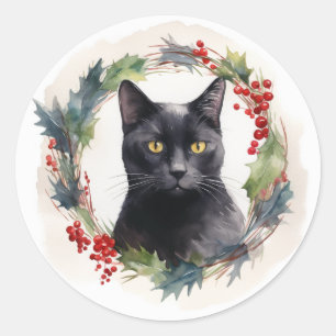 Sticker Rond Chat noir Fête de couronnes de Noël Kitten