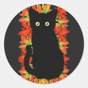 Sticker Rond Chat noir, Feuilles d'automne motif, Halloween amu